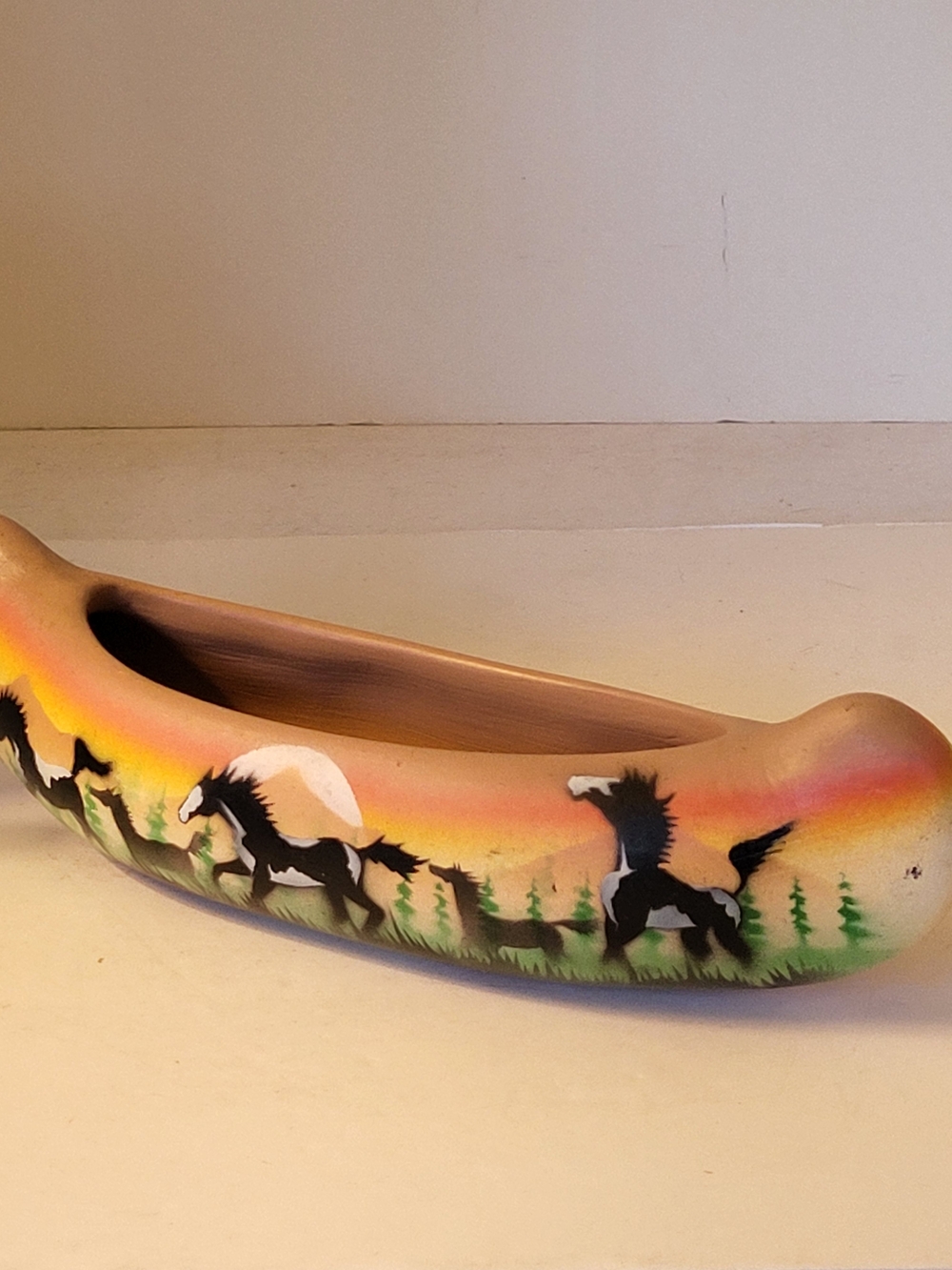 Vintage James Benally Dinah Signed Navajo Pottery Canoe Wild Horses